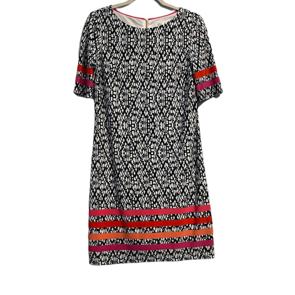 Eliza J Navy and White Print 3/4 Sleeve Dress with Pink and Coral Trim 6